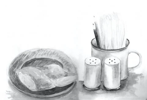 Hand Drawn Sketch from Cafe. Objects on table: Mug, salt and pepper, pastry bun Illustrazione stock