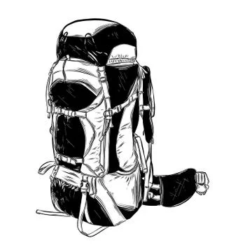 Hand drawn sketch of camping backpack in black isolated on white background Stock Illustration