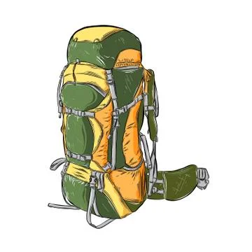 Hand drawn sketch of camping backpack in color isolated on white background Stock Illustration