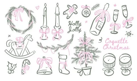 Hand drawn sketch Christmas elements set. Retro vintage new year party Stockillustratie