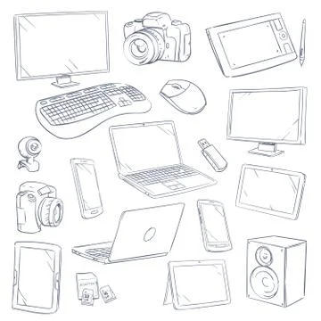 Hand drawn, sketch computer technology gadgets vector set Stock Illustration