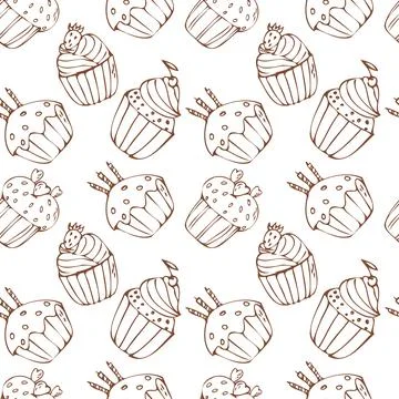Hand drawn sketch cupcake pattern with muffin and strawberry, candles, cherry Stock Illustration