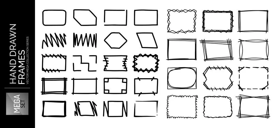 Hand drawn sketch doodle frames, borders, square and rectangle shapes for text 스톡 일러스트