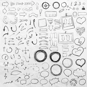 Hand drawn sketch elements. Arrows, pointers, frames, speach bubbles and stripes Stock Illustration
