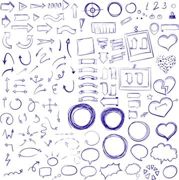 Hand drawn sketch elements. Arrows, pointers, frames, speach bubbles and stripes Stock Illustration