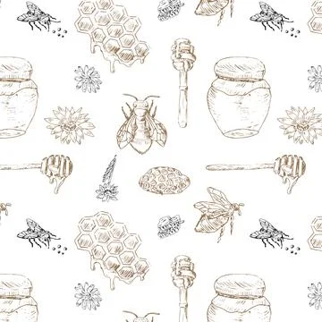 Hand drawn sketch of honey elements pattern Stock Illustration