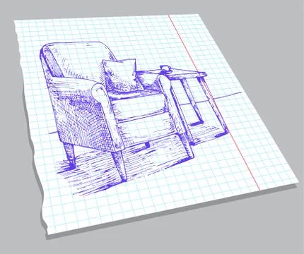 Hand drawn sketch of the interior on a notebook sheet. Stock Illustration