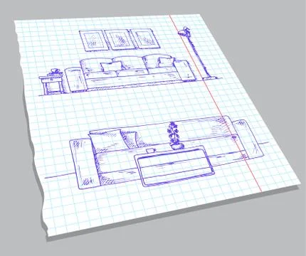 Hand drawn sketch of the interior on a notebook sheet. Part of the room. Stock Illustration