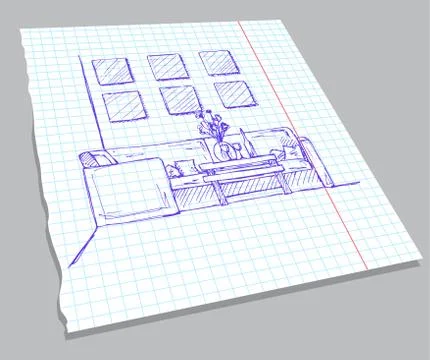 Hand drawn sketch of the interior on a notebook sheet. Stock Illustration