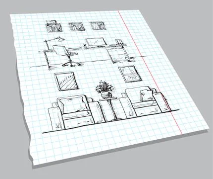 Hand drawn sketch of the interior on a notebook sheet. Stock Illustration