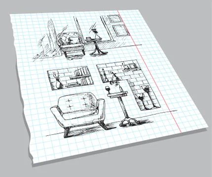 Hand drawn sketch of the interior on a notebook sheet. Stock Illustration