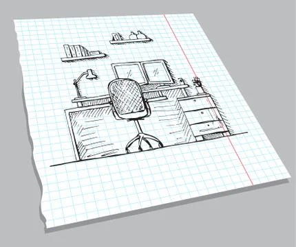 Hand drawn sketch of the interior on a notebook sheet. Stock Illustration
