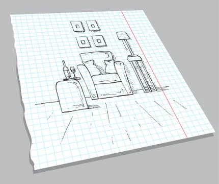 Hand drawn sketch of the interior on a notebook sheet. Illustrazione stock