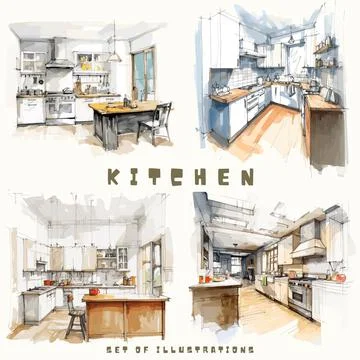 Hand drawn sketch of kitchen interior. Vector illustration for your design. Stock Illustration