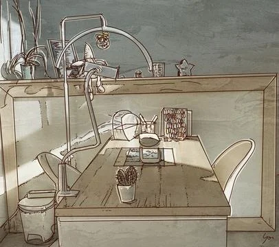 Hand drawn sketch of kitchen interior with sink, table, chairs, coffee cup Stock Illustration