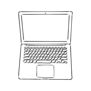 Hand-drawn sketch of laptop computer. Notebook on a white background. Opened  Stock Illustration