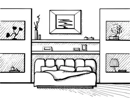 Hand drawn sketch. Linear sketch of an interior. Sketch Line bedrooms. Stock Illustration