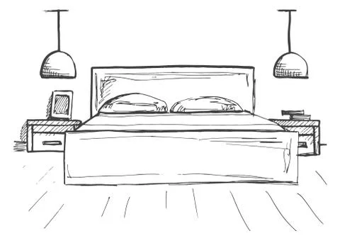 Hand drawn sketch. Linear sketch of an interior. Sketch Line bedrooms. Stock Illustration