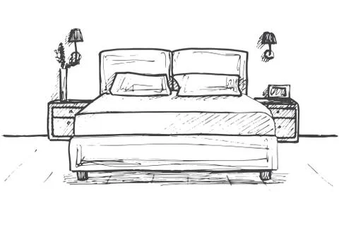 Hand drawn sketch. Linear sketch of an interior. Sketch Line bedrooms. Stock Illustration