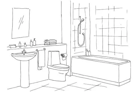 Hand drawn sketch. Linear sketch of an interior. Part of the bathroom. Illustrazione stock