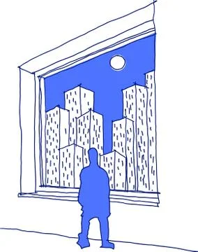 Hand drawn sketch of man looking through a window at a city full of skyscrapers Stock Illustration