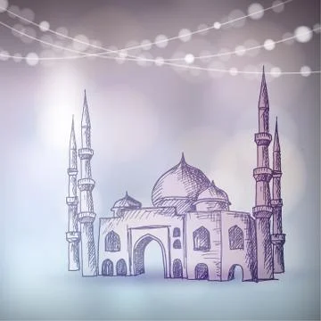 Hand drawn sketch of the mosque with string of bokeh lights. Greeting card Stock Illustration