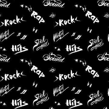 Hand drawn sketch with notes and music styles lettering signs Stock Illustration