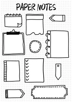 Hand drawn sketch paper notes, template doodle notebook stickers, daily planner Stock Illustration