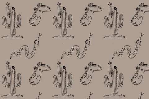 Hand drawn sketch pattern wild west cactus, boots Illustrazione stock