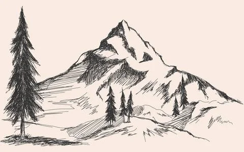 Hand drawn sketch of pine forest and mountains. Vector background Stock Illustration