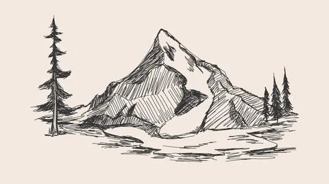 Hand drawn sketch of pine forest and mountains. Vector background 스톡 일러스트