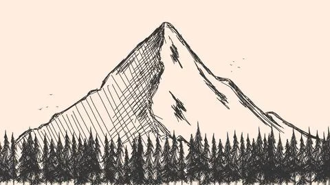 Hand drawn sketch of pine forest and mountains. Vector background Stock-Illustration