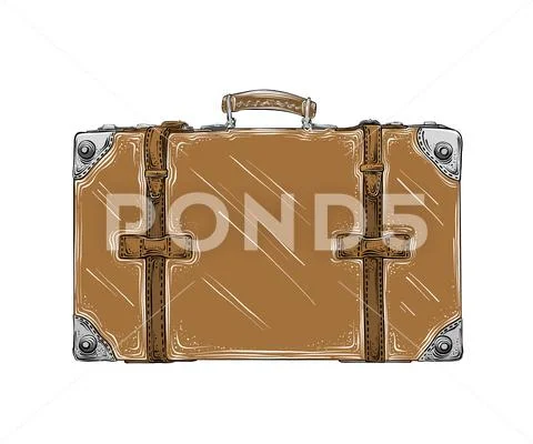Hand drawn sketch of retro suitcase in brown color isolated on white background Stock Illustration