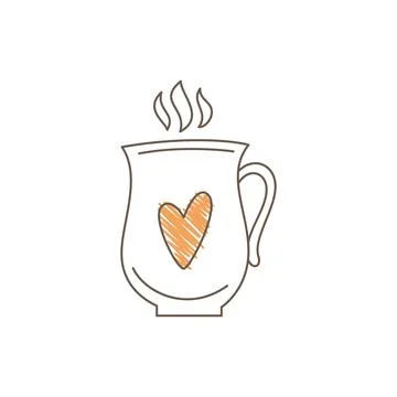 Hand Drawn Sketch Of A Rounded Mug With Large Orange Heart And Wavy Steam Illustration