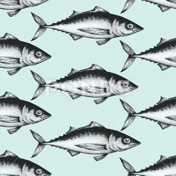 Hand drawn sketch seafood background. Vector seamless pattern with fish. Vintage Stock Illustration