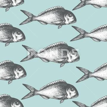 Hand drawn sketch seafood background. Vector seamless pattern with fish. Vintage Stock Illustration