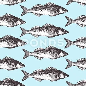 Hand drawn sketch seafood background. Vector seamless pattern with fish. Vintage Stock Illustration