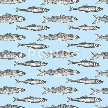 Hand drawn sketch seafood background. Vector seamless pattern with fish. Vintage Stock Illustration