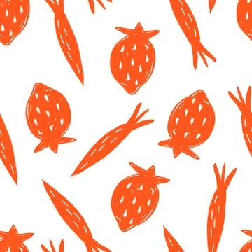 Hand drawn sketch seamless pattern with carrots, strawberries, berries, orange Stock Illustration