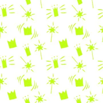 Hand drawn sketch seamless pattern with magic crown, star, magic wand, yellow Stock Illustration