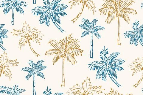 Hand drawn sketch seamless vector pattern with blue and gold palm trees on .. 스톡 일러스트