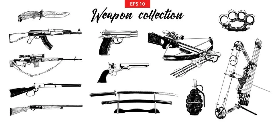 Hand drawn sketch set of different weapons isolated on white background. Stock Illustration