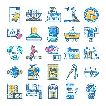 Hand drawn sketch set with many colorful icons Stockillustratie