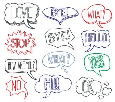 Hand drawn sketch speech bubbles clouds with different messages vector 스톡 일러스트