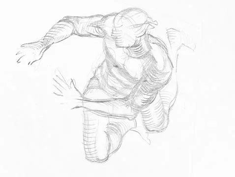 Hand-drawn sketch top view of male model on knee Stock Illustration