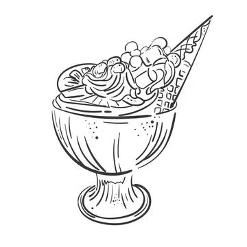 Hand drawn sketch vector illustration of three ice cream dessert balls in glass Stock Illustration