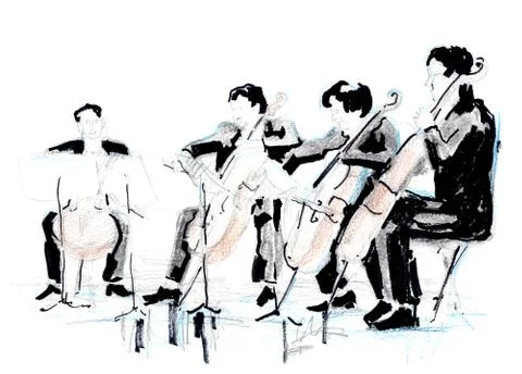 Hand drawn sketch of violoncellist quartet Stock Illustration