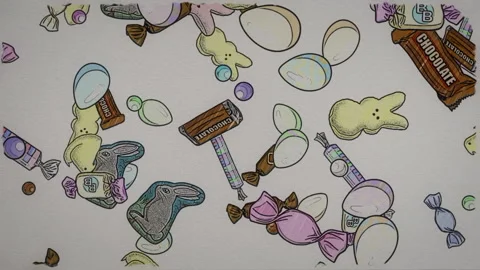 Hand Drawn Sketched Easter Candy Raining Down Stock Footage 288030181