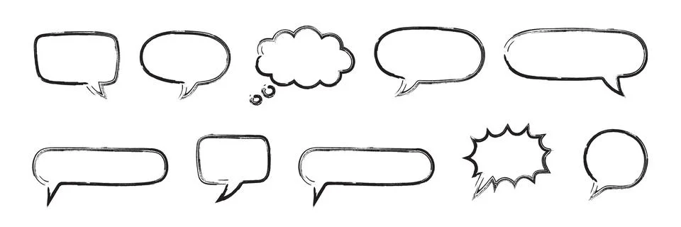 Hand-Drawn Sketchy Speech Bubbles Set with Charcoal Texture and Grunge Borde Stock Illustration