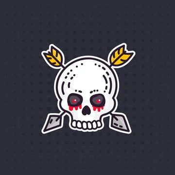Hand drawn skull with arrows, vector sticker Stock Illustration